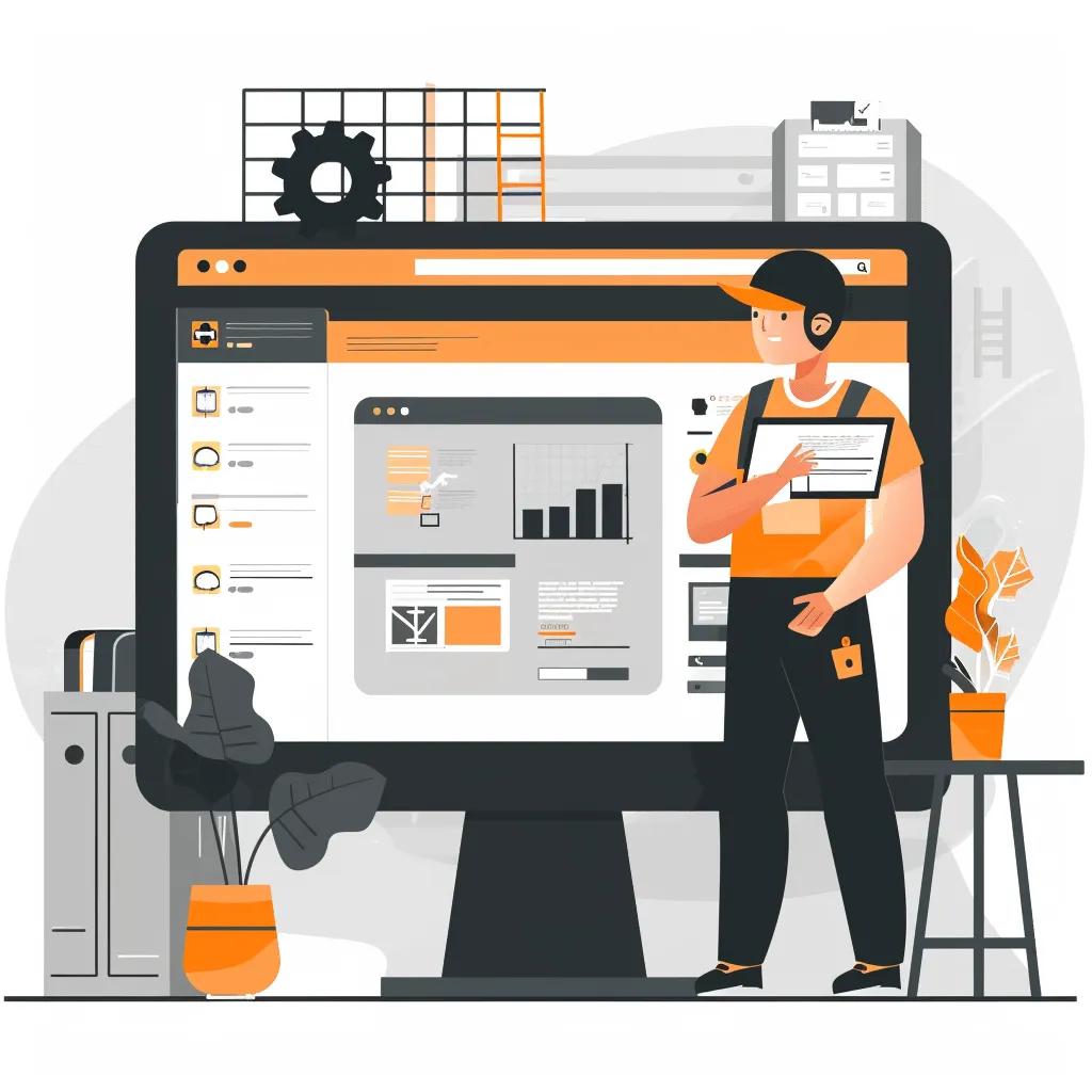 Illustration of a contractor holding a document in front of a large computer screen displaying analytics and business metrics, symbolizing online visibility and business directory optimization for contractors.