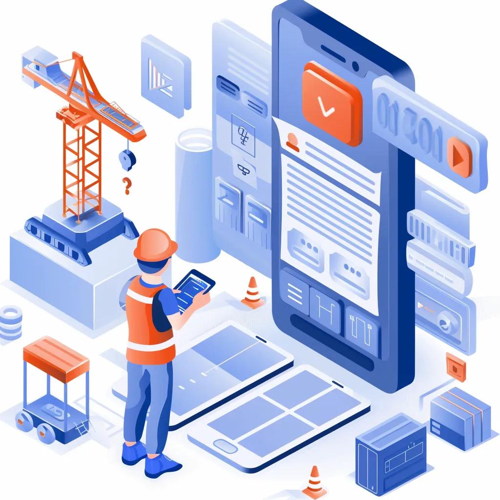 Construction worker using a tablet in front of a large smartphone displaying digital tools and analytics, with a crane and construction elements in the background, illustrating lead generation and online presence for contractors.