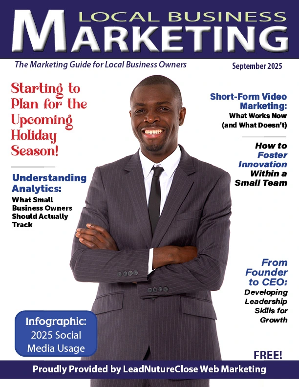 Local Business Marketing magazine cover for September 2025 featuring a smiling man in a suit, with headlines on digital marketing strategies, analytics, and leadership skills for home service businesses.