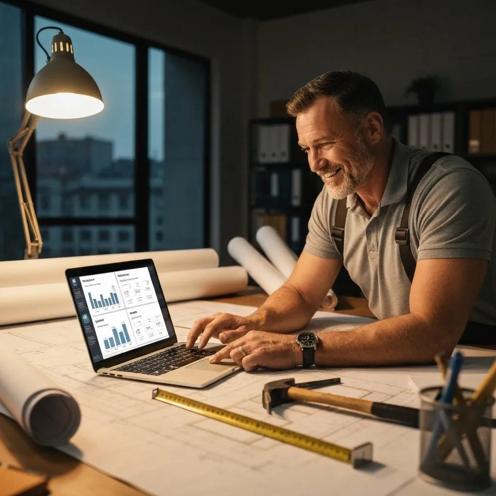 Construction contractor using AI-driven CRM on laptop, analyzing lead generation data, surrounded by blueprints, measuring tools, and a desk lamp, emphasizing productivity and efficiency in construction management.