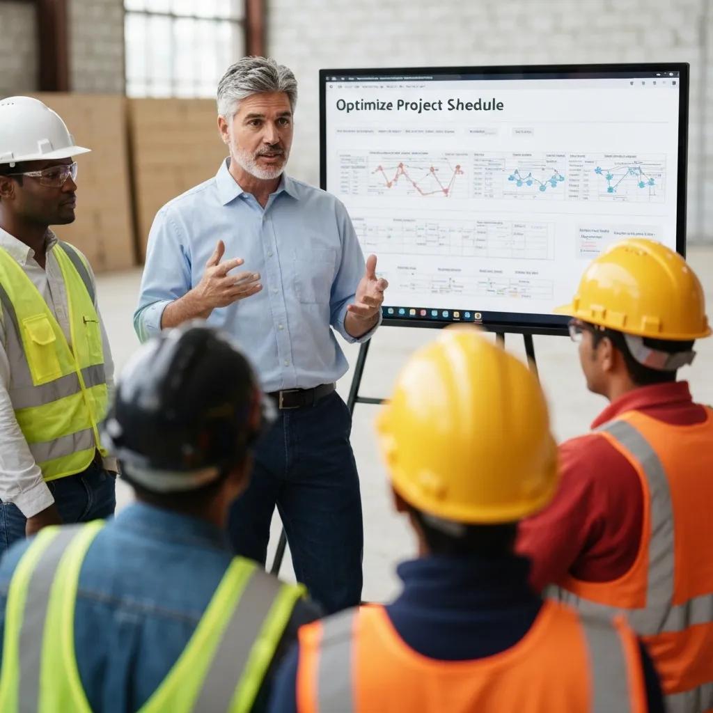 Construction project manager discussing project scheduling with a team, AI-driven project schedule displayed on screen, emphasizing optimization and resource management.