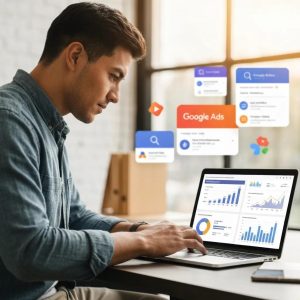 Contractor analyzing Google Ads and Facebook Ads data on a laptop, illustrating digital marketing strategies for home service industries.