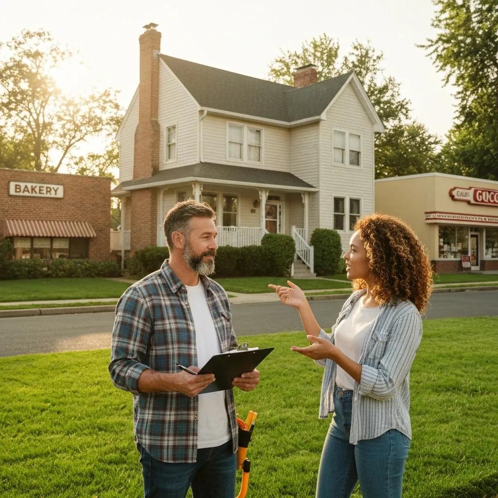 Contractor discussing project details with customer in a local neighborhood setting, featuring a house and nearby businesses, emphasizing community engagement and local SEO strategies.