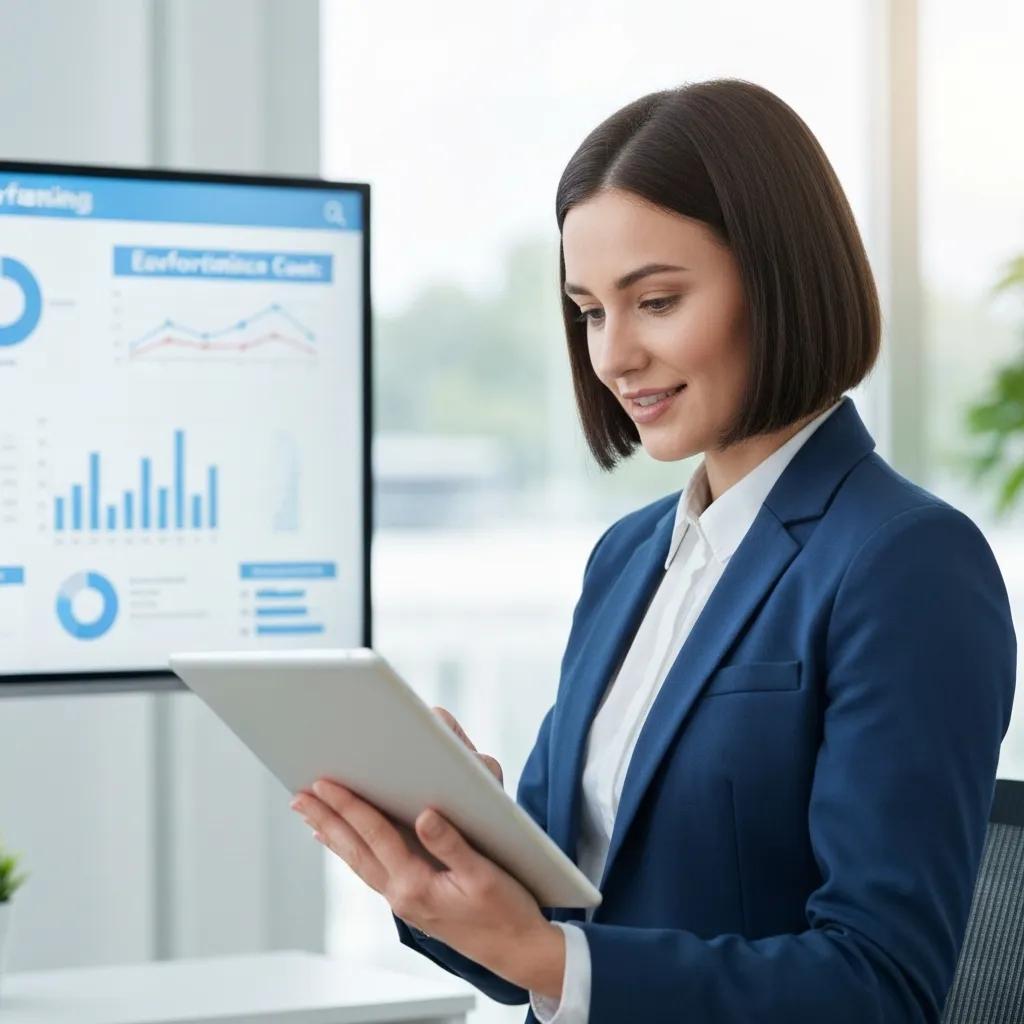 Woman in a business suit reviewing advertising performance metrics on a tablet, with graphs and charts about cost-per-lead and cost-per-click displayed on a monitor in the background, relevant to contractor marketing strategies for Google Ads and Facebook Ads.