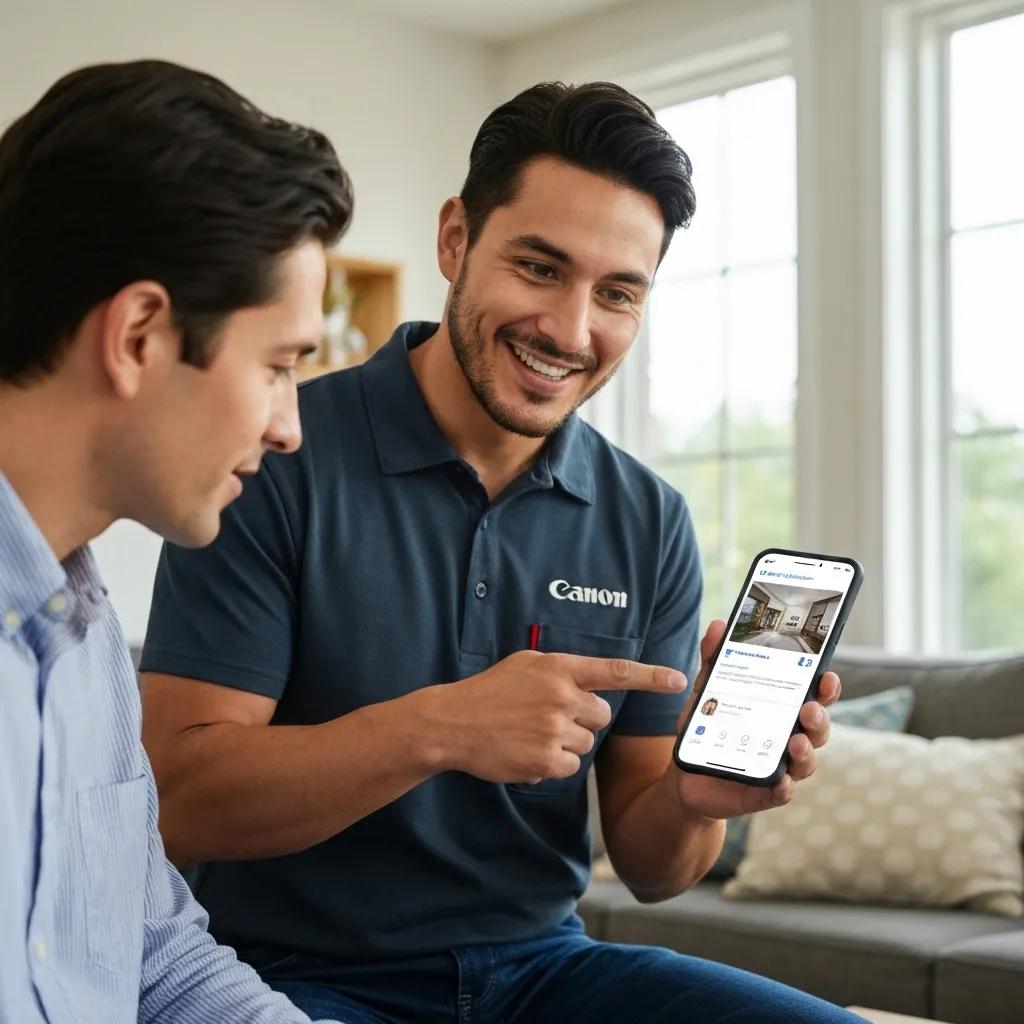 Contractor showing Facebook ad on smartphone to homeowner, illustrating brand awareness and engagement strategies for contractors.