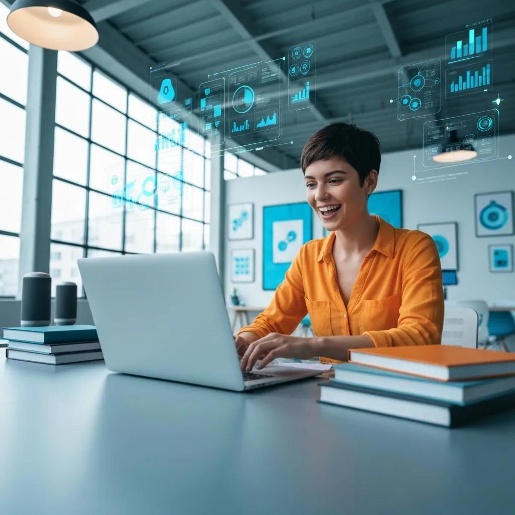 Contractor using laptop for content creation, engaging with AI technology elements, in a modern workspace, emphasizing digital marketing and SEO strategies.
