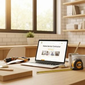 Laptop displaying a home service contractor website, emphasizing design and professionalism, surrounded by tools and a measuring tape in a modern workspace.