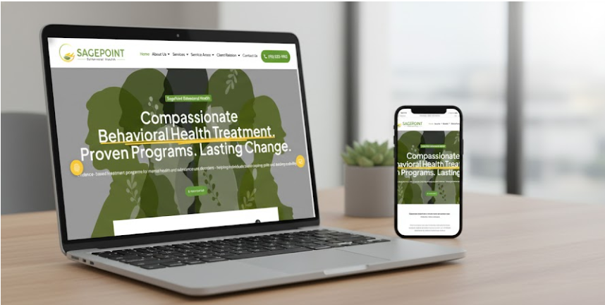 SagePoint Behavioral Health website displayed on a laptop and smartphone, showcasing compassionate behavioral health treatment with a focus on proven programs and lasting change.