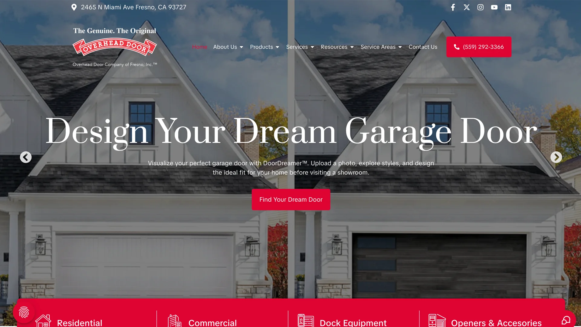 Overhead Door Company of Fresno website showcasing garage door design options, featuring residential and commercial styles, with a call to action for users to visualize their perfect garage door.