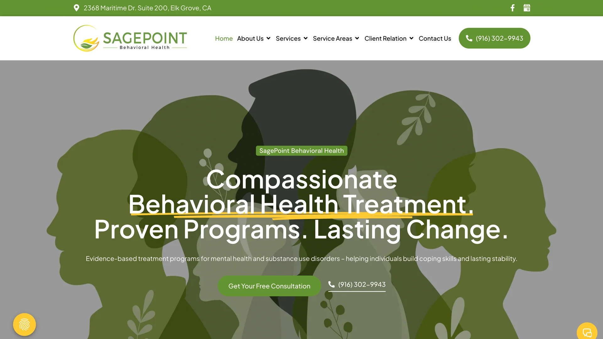 SagePoint Behavioral Health website showcasing compassionate behavioral health treatment with silhouettes of individuals and greenery, emphasizing evidence-based programs for mental health and substance use disorders.