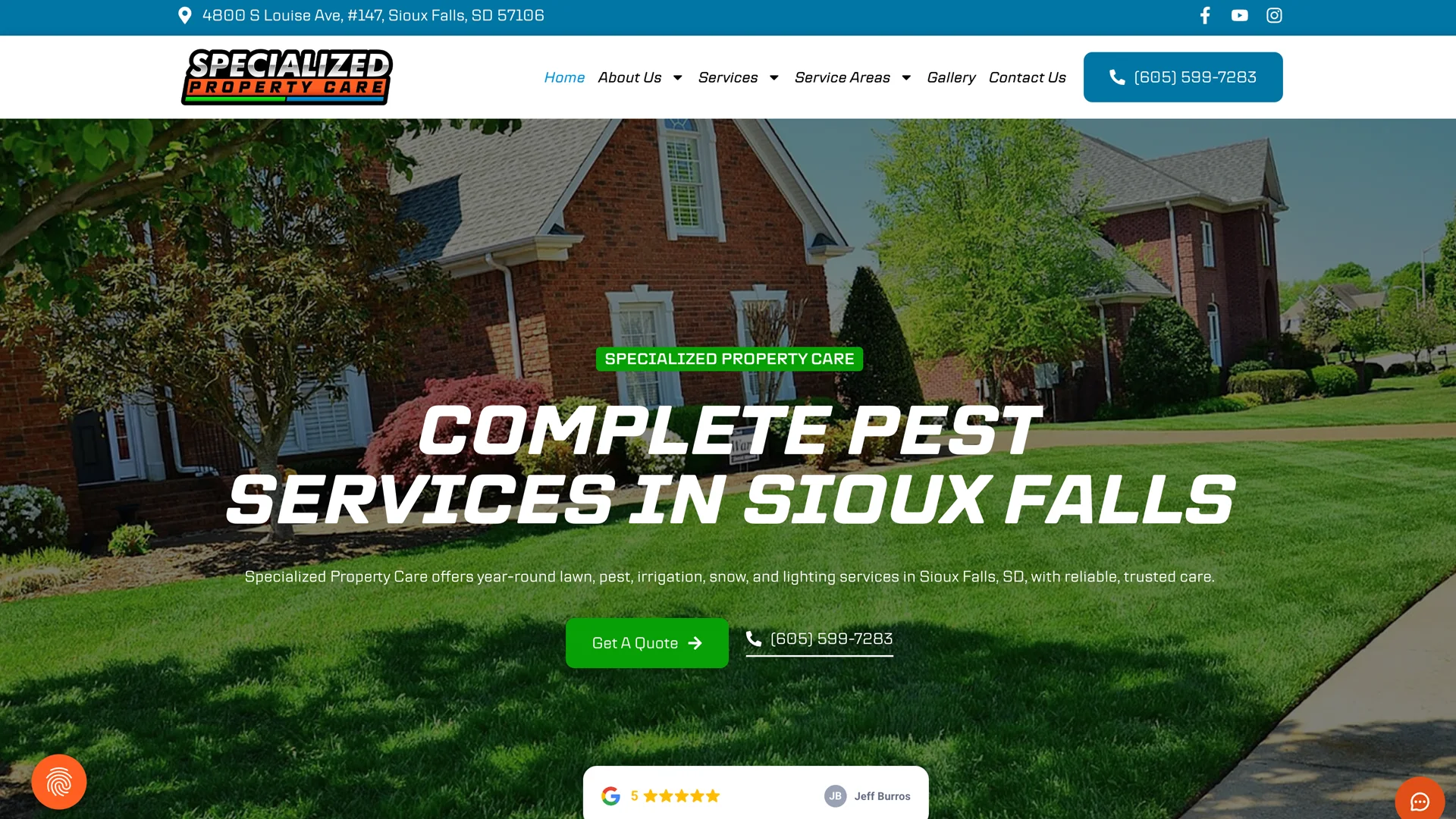 Specialized Property Care website showcasing complete pest services in Sioux Falls, featuring a well-maintained lawn and residential property.