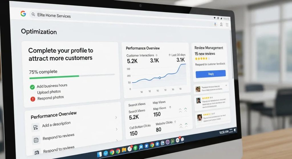 Google Business Profile dashboard close-up showing optimization points for a home service company
