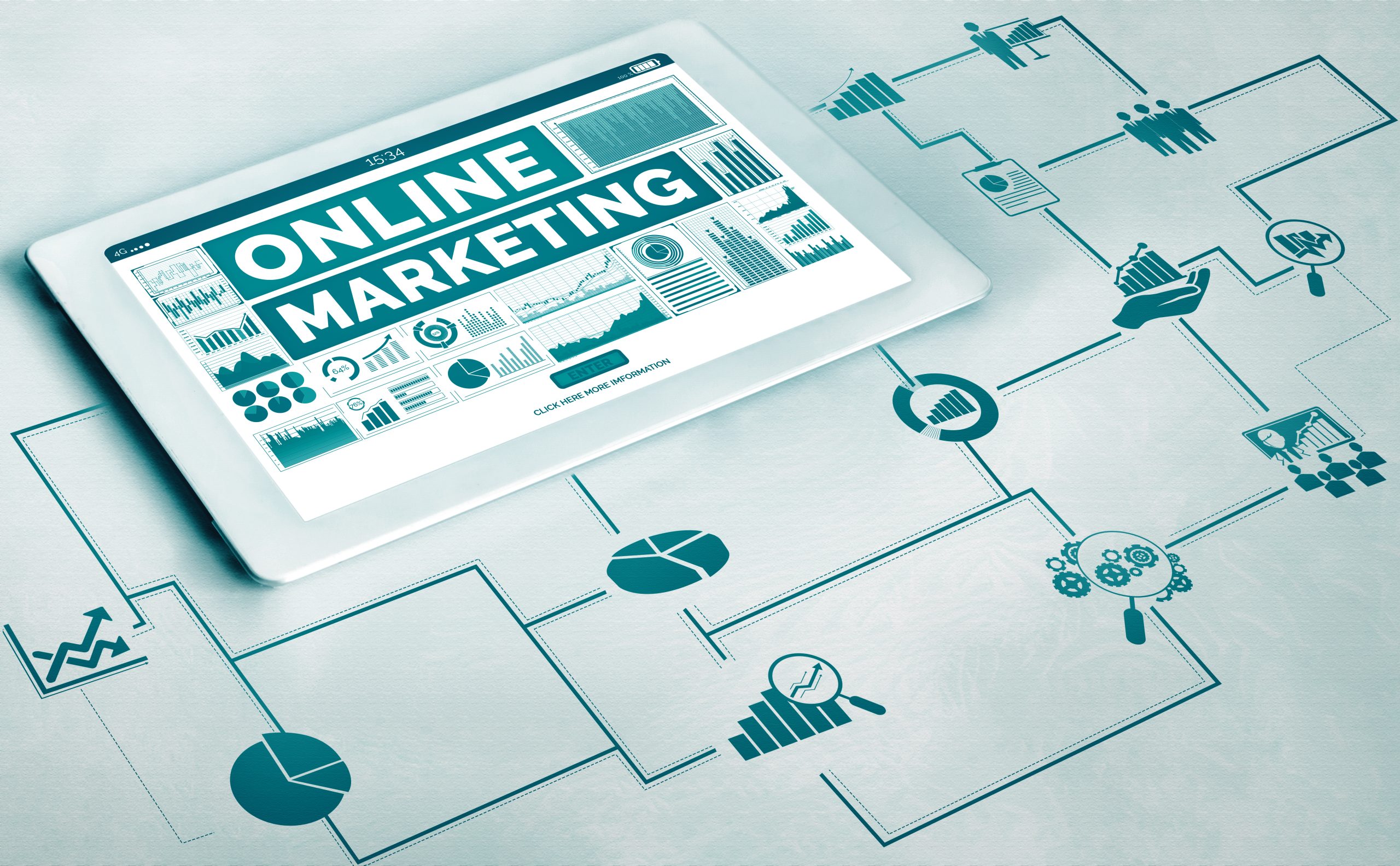 Tablet displaying "Online Marketing" with graphs and charts, surrounded by icons representing data analysis, lead generation, and marketing processes, emphasizing effective strategies for home service companies.