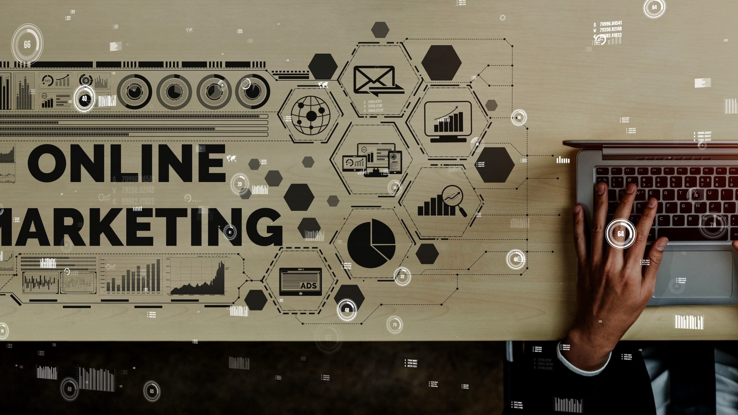Hands typing on a laptop surrounded by graphics illustrating online marketing concepts, including charts, analytics, and advertising icons, emphasizing structured lead generation strategies for business growth.