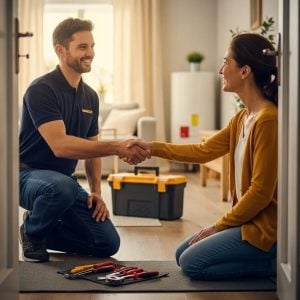 Local home service professional assisting a homeowner — highlights trust and the value of local SEO