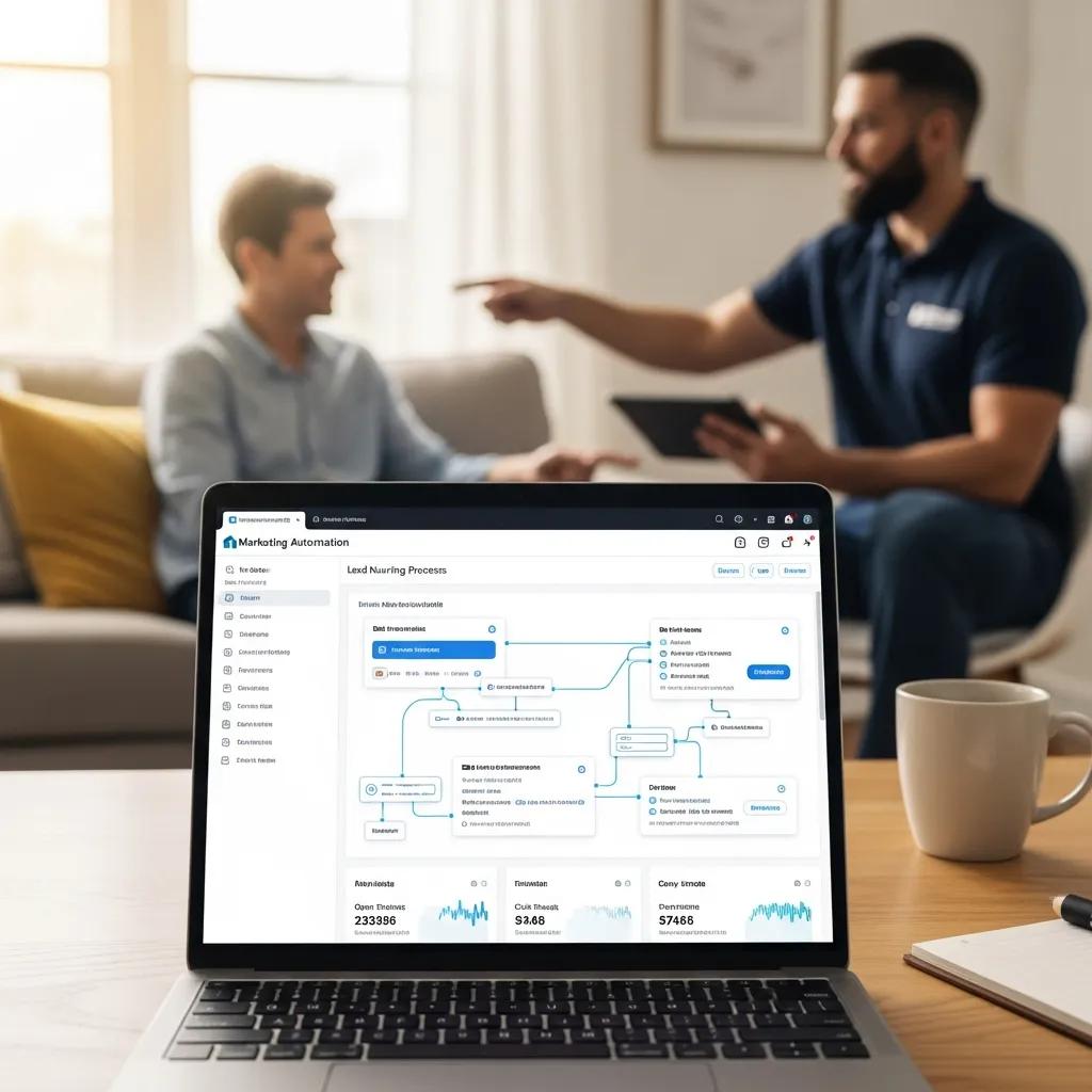 Laptop showing a marketing automation dashboard used by a home service team