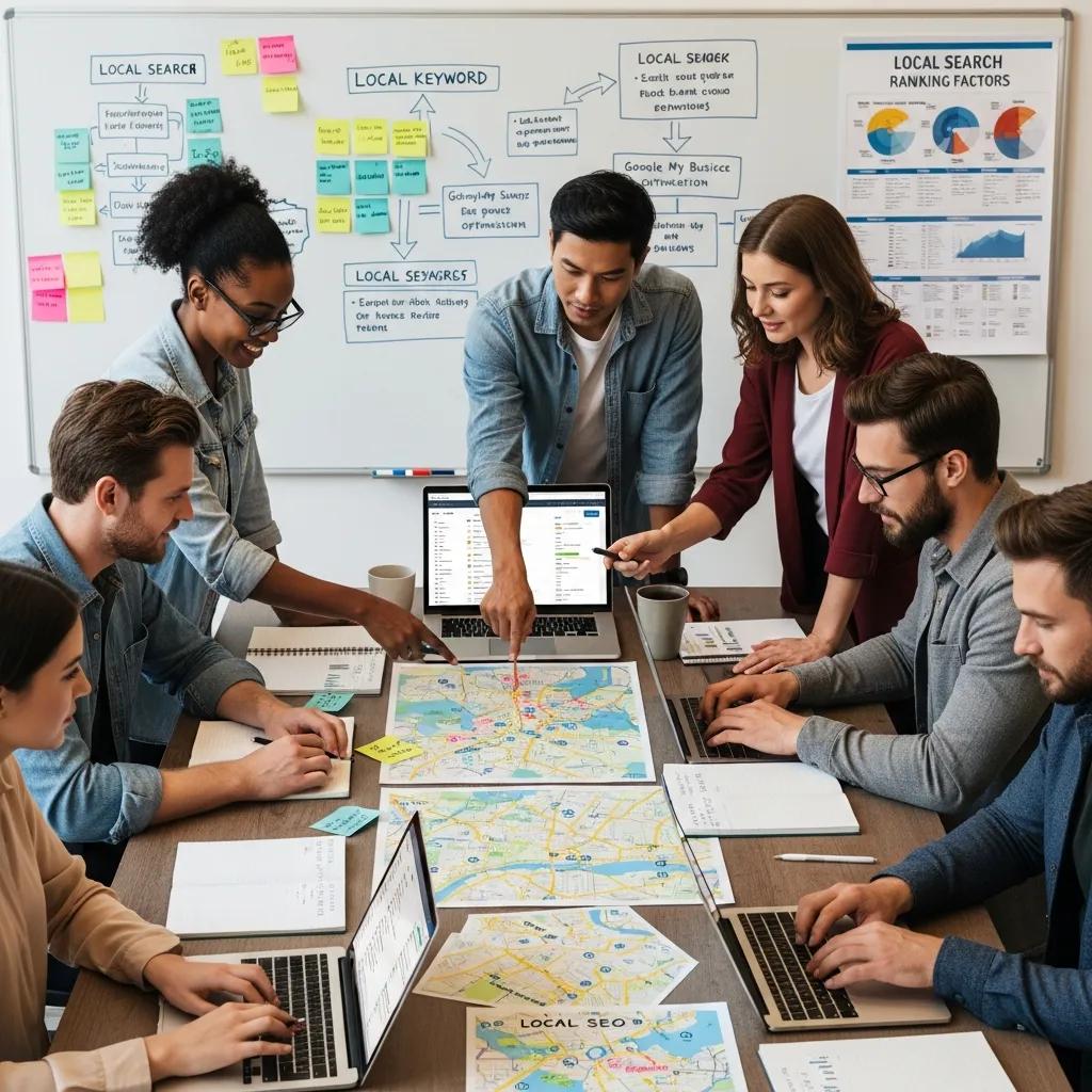 Team collaborating on local SEO tactics for a home service company