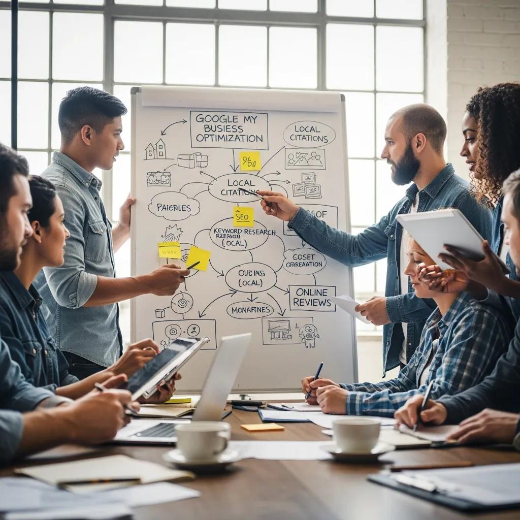 A small-team meeting where home service owners review local SEO priorities