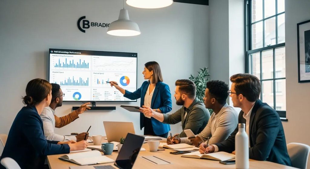 Marketing team reviewing paid advertising data and channel performance