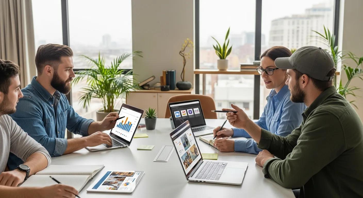 Home-service professionals collaborating on marketing strategies in a modern workspace