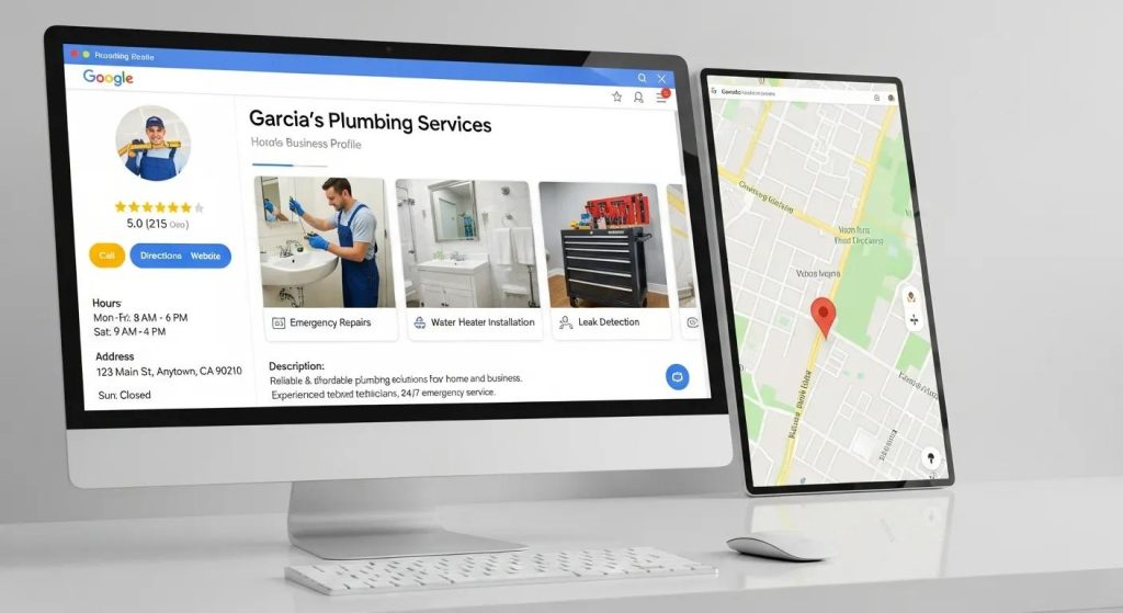 Computer screen showing an optimized Google Business Profile with photos and service details