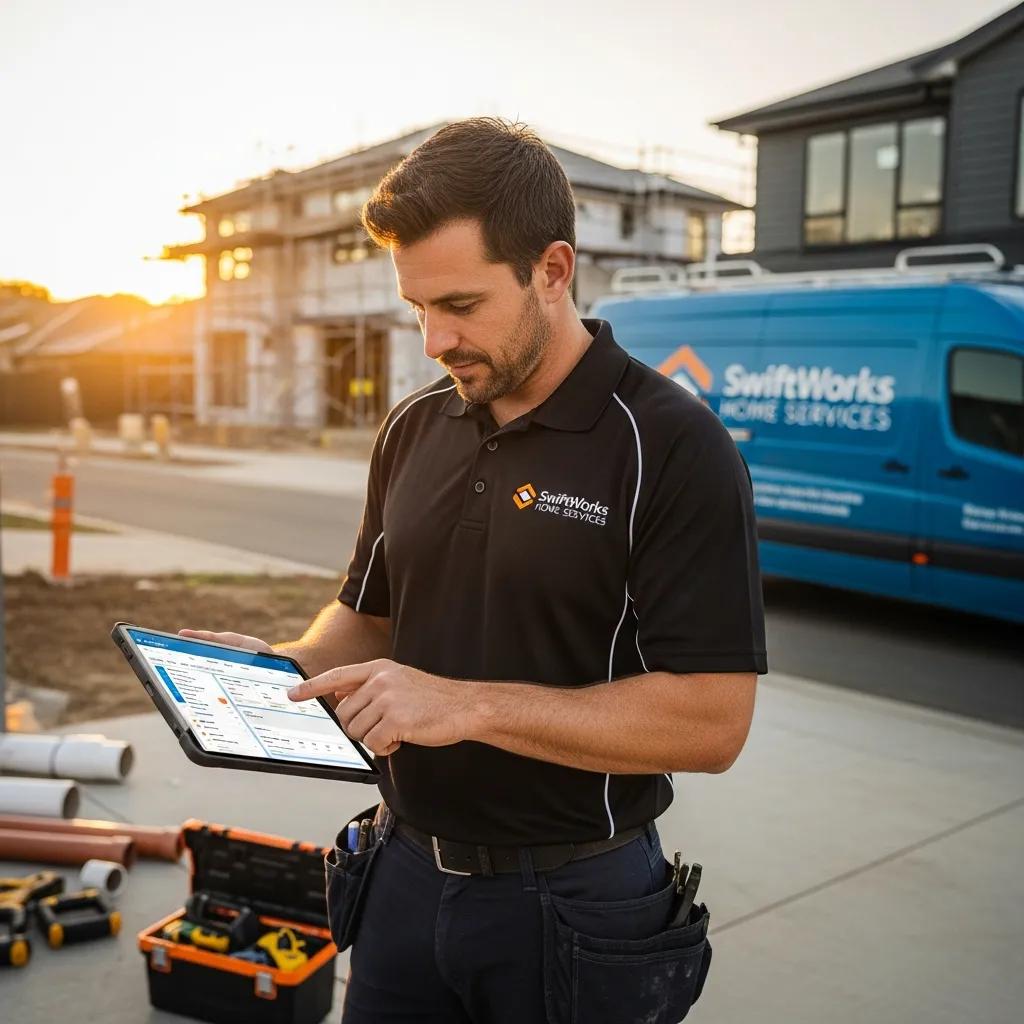 Home service contractor handling customer calls at a job site