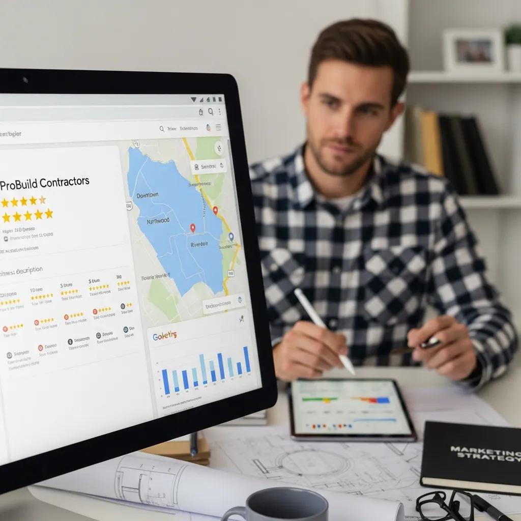 Computer screen showing Google Business Profile with positive reviews and local map for SEO