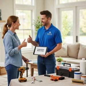 Home service professional engaging with a homeowner, emphasizing trust and professionalism in content promotion