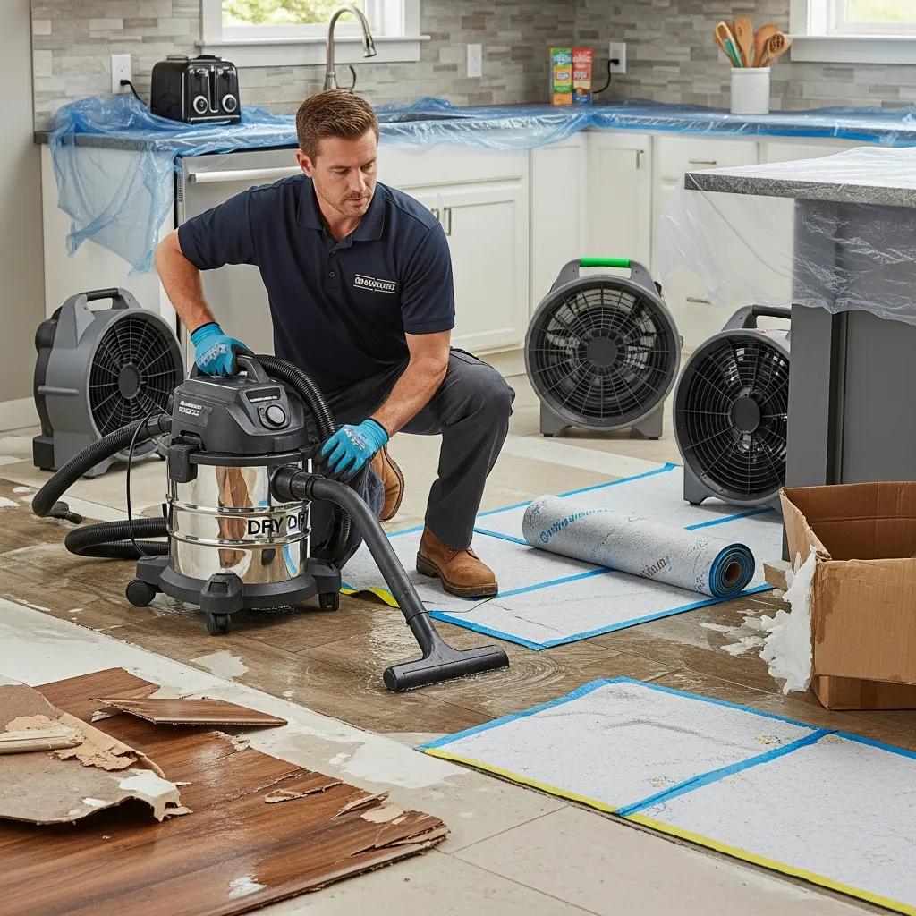 Restoration contractor addressing water damage emergency with professional equipment