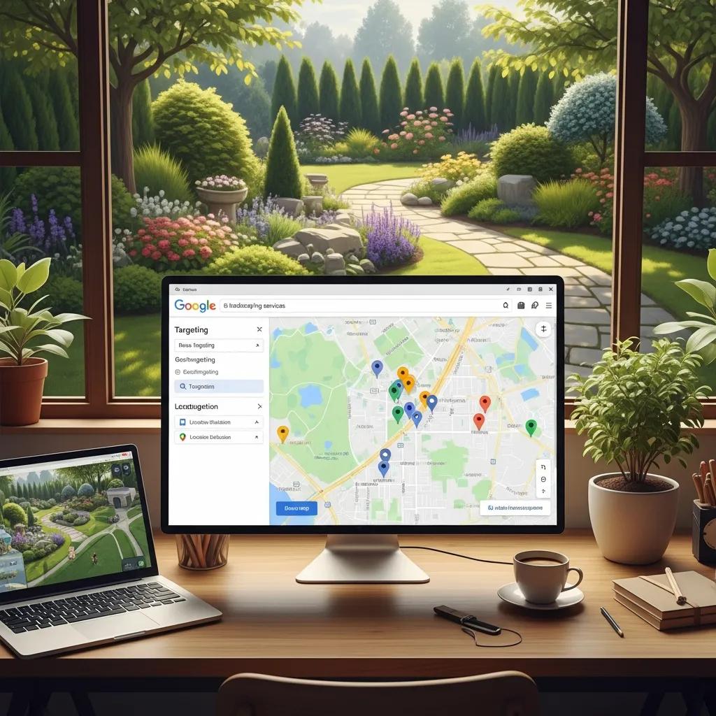 Computer screen showing Google Ads targeting options for local landscaping customers