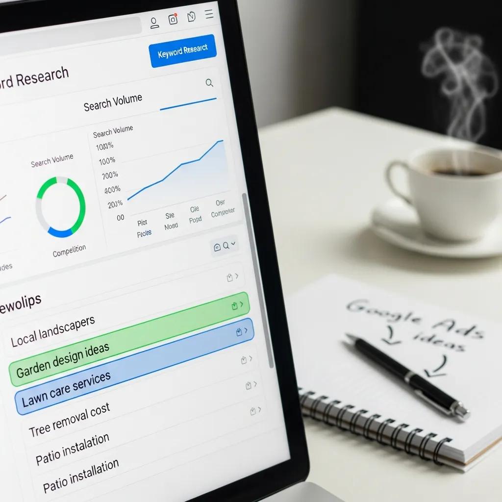 Computer screen showing keyword research for landscaping PPC strategies