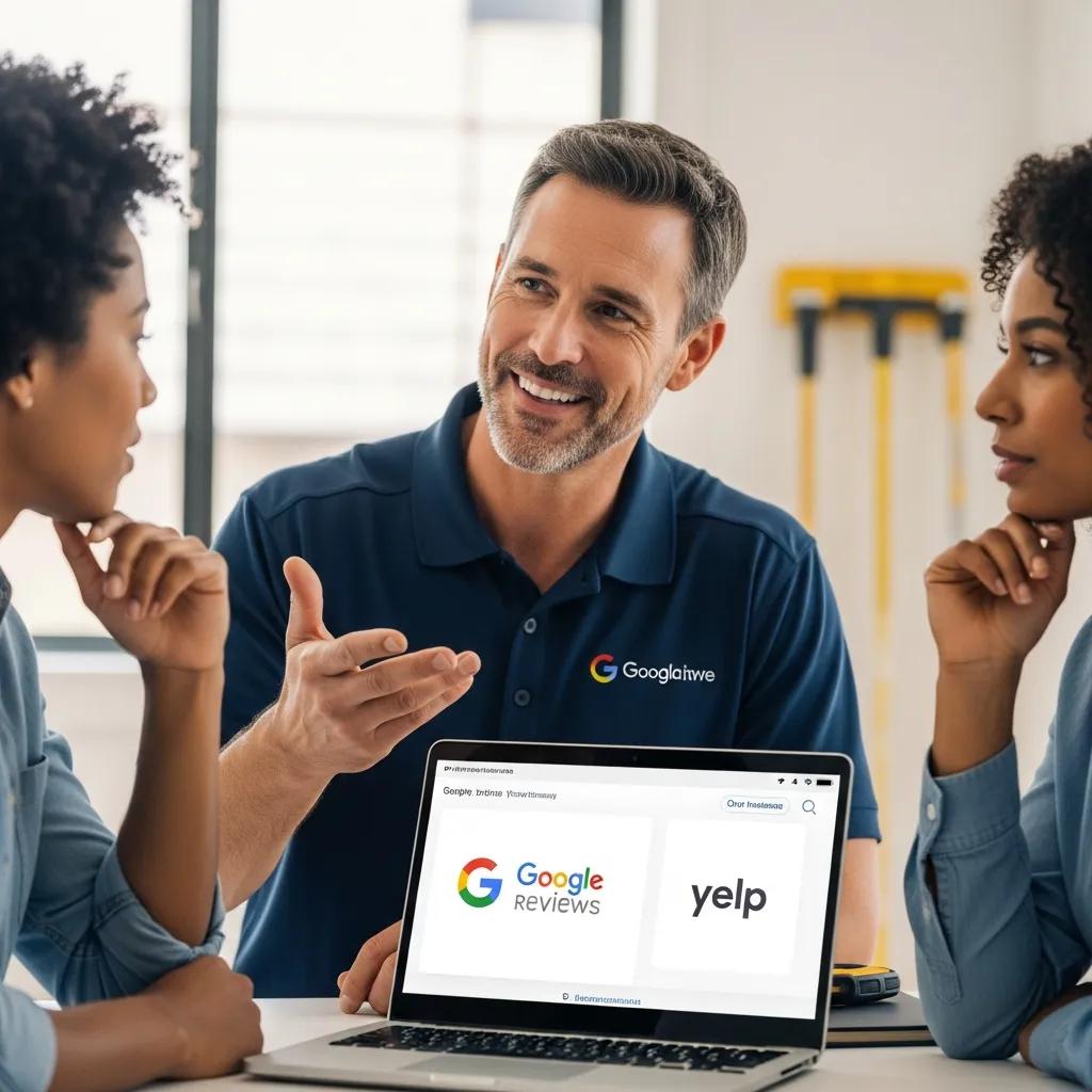 Contractor engaging with clients to encourage online reviews for local SEO enhancement