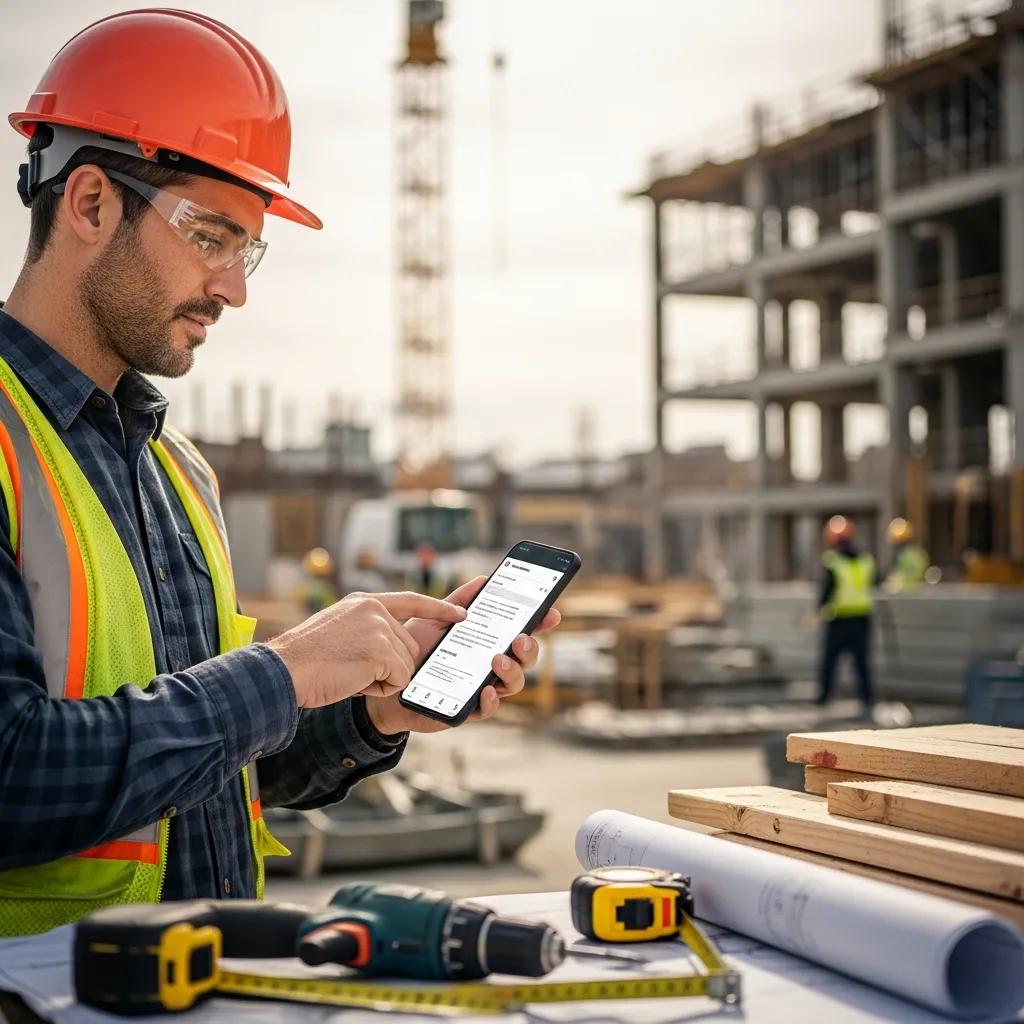 Contractor using smartphone in construction setting, highlighting mobile and voice search optimization
