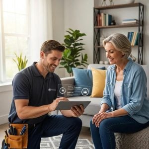 Home service professional engaging with a customer, highlighting content marketing in home services