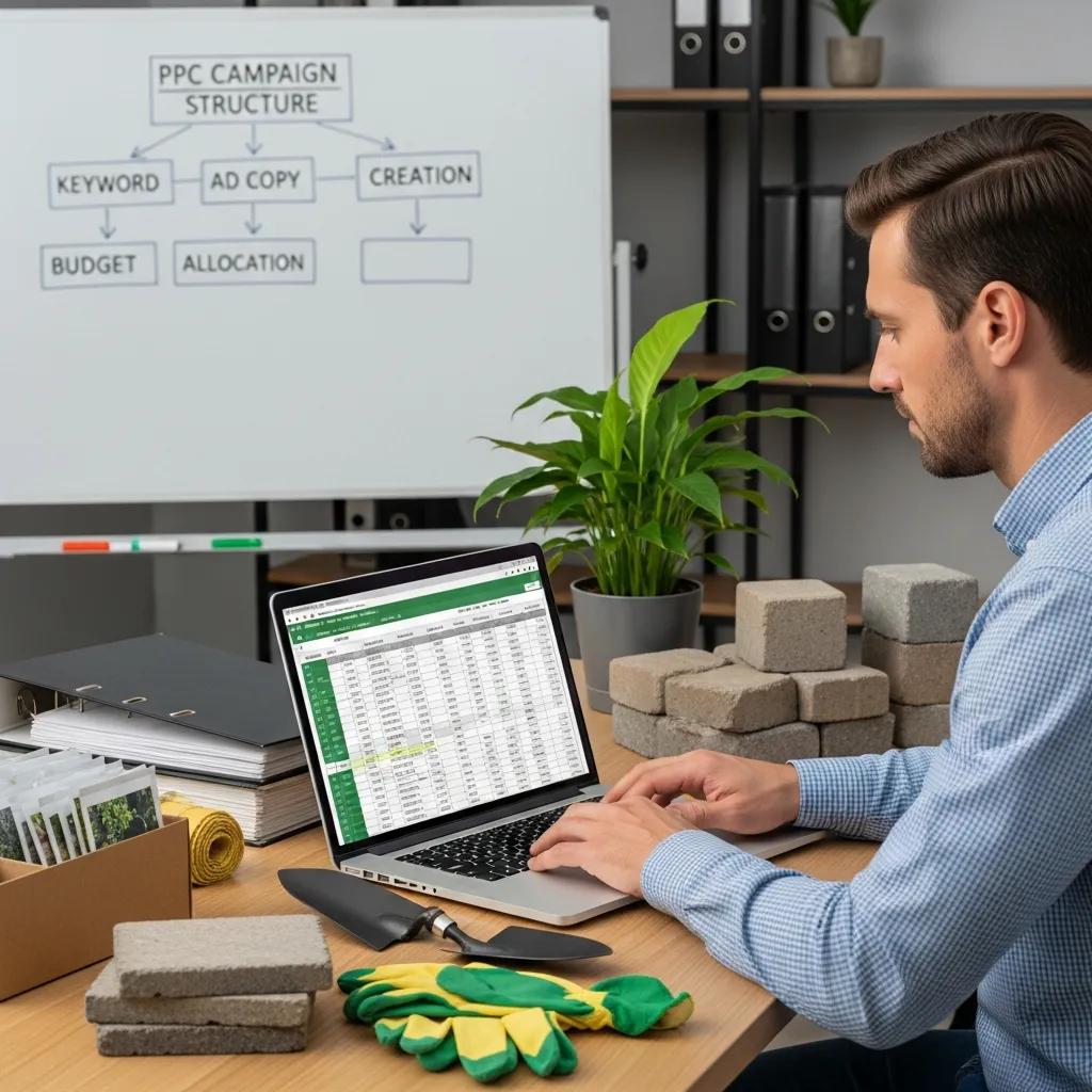Person analyzing budget spreadsheets for landscaping PPC campaigns in a well-organized workspace