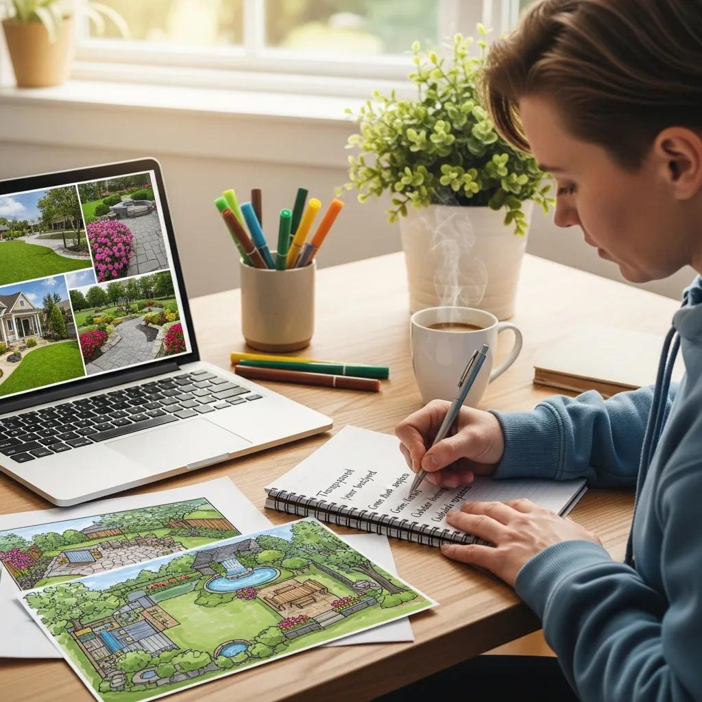 Person writing ad copy for landscaping Google Ads in a creative workspace