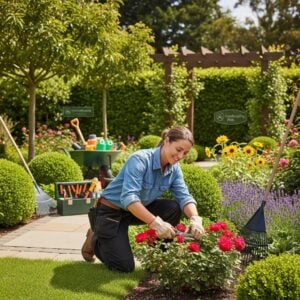 Professional landscaper working in a vibrant garden, symbolizing local landscaping PPC success