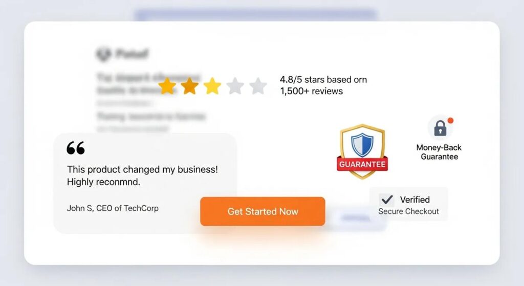 Examples of social proof elements&mdash;ratings, testimonials, badges&mdash;placed near a landing page CTA