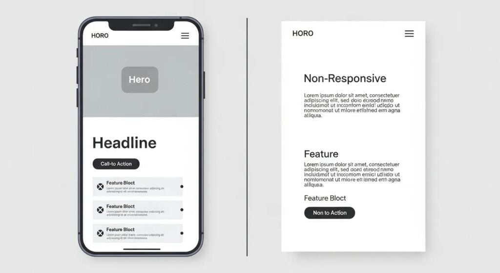 Side-by-side comparison of two mobile landing page designs showing responsive versus non-responsive layouts