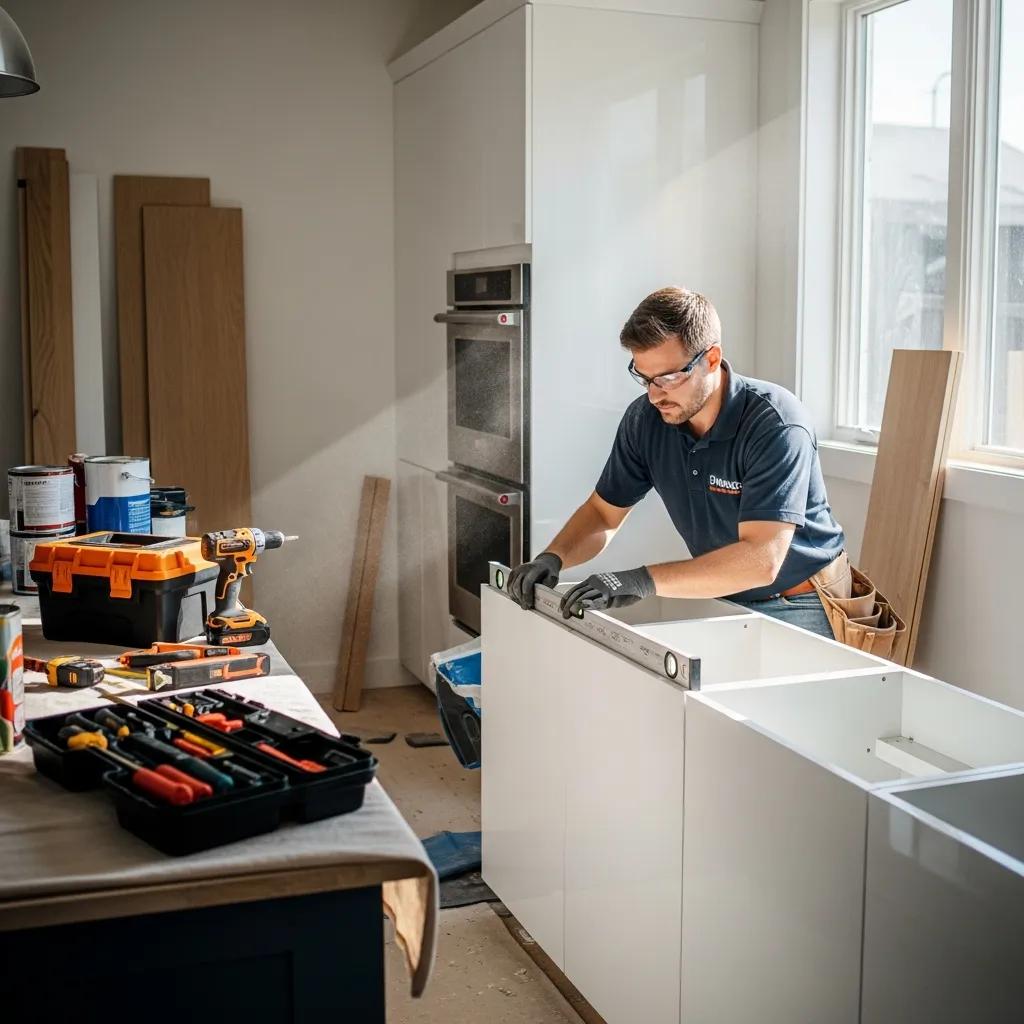 Home improvement contractor working on a kitchen renovation, showcasing craftsmanship and creativity