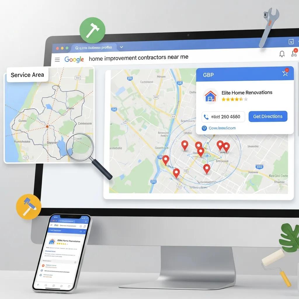Local SEO illustration showing a map pin and search results for remodeling services
