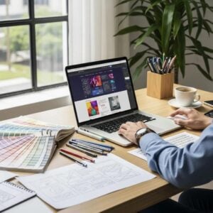 Modern web design workspace with a designer at a laptop showcasing colorful design elements