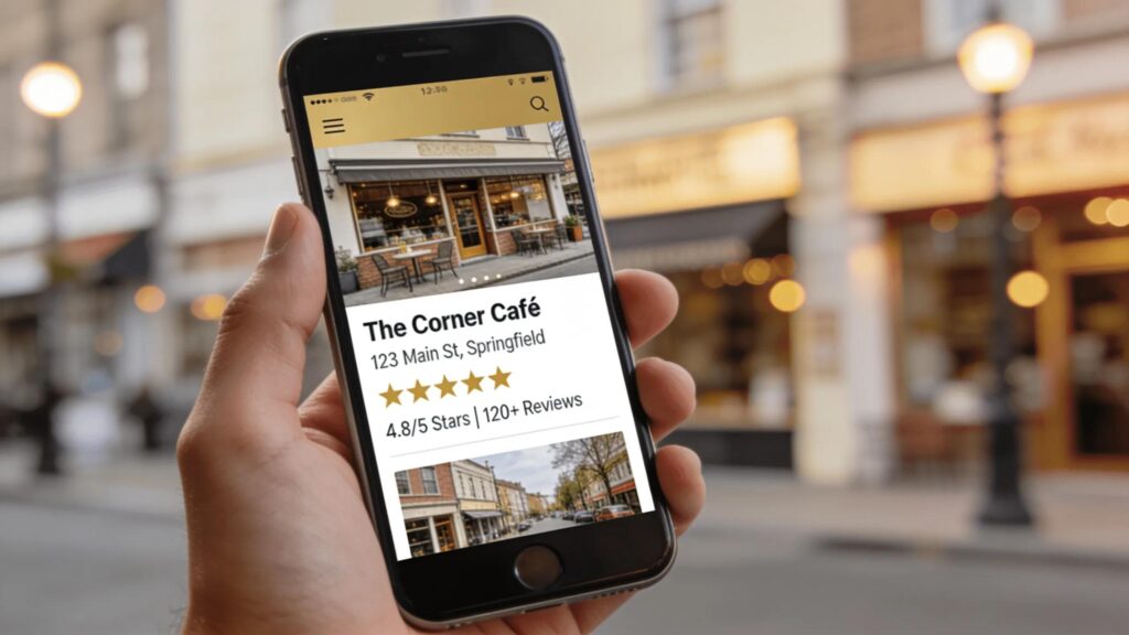 Local business listing displayed on a digital device emphasizing community engagement