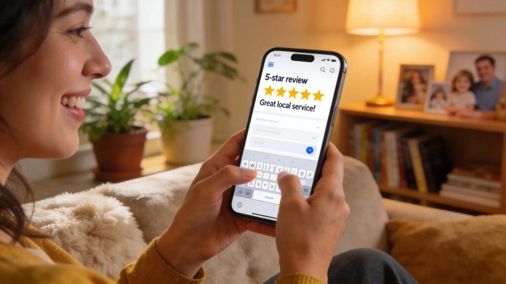 Customer interacting positively with a review platform, highlighting local service satisfaction