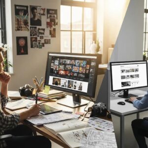 Custom web design workspace with designer creating unique website layout