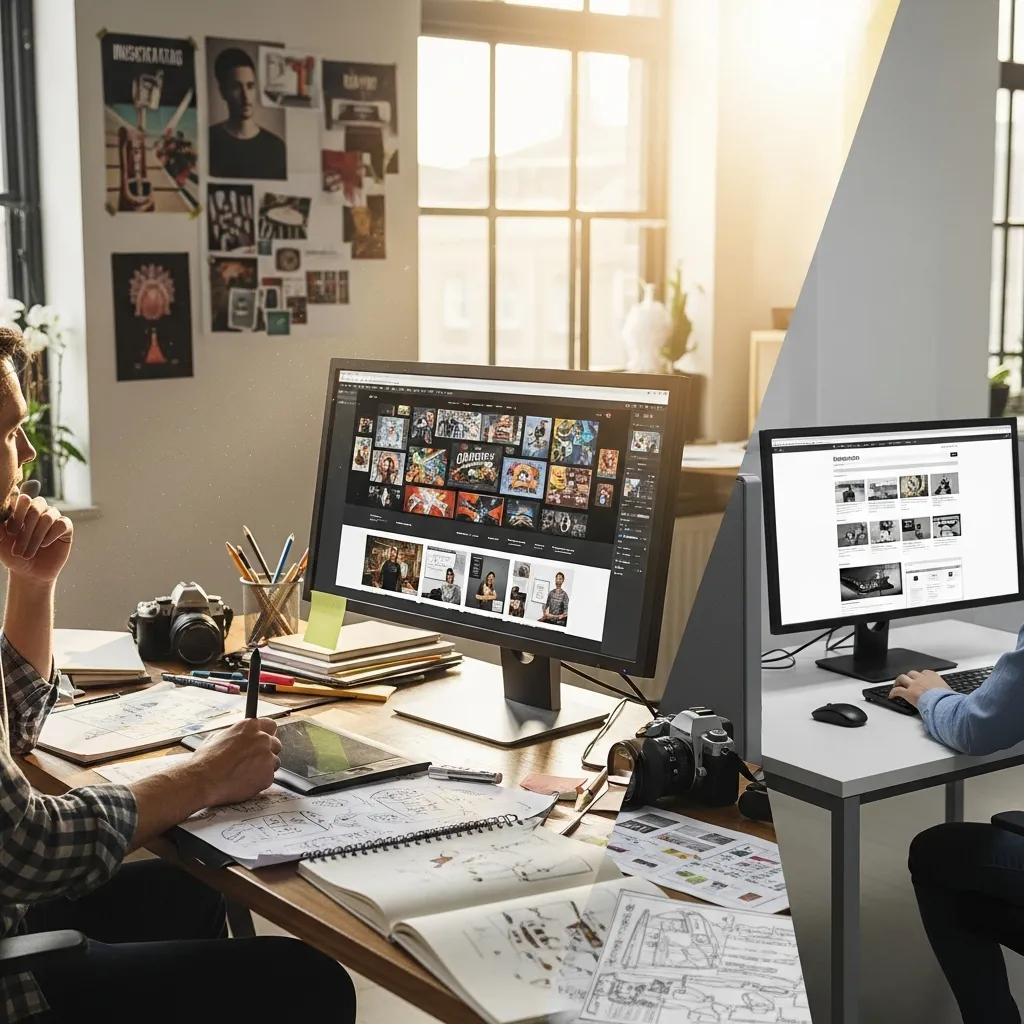 Custom web design workspace with designer creating unique website layout