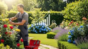 Landscaper working in a vibrant garden, representing PPC techniques for landscaping business growth