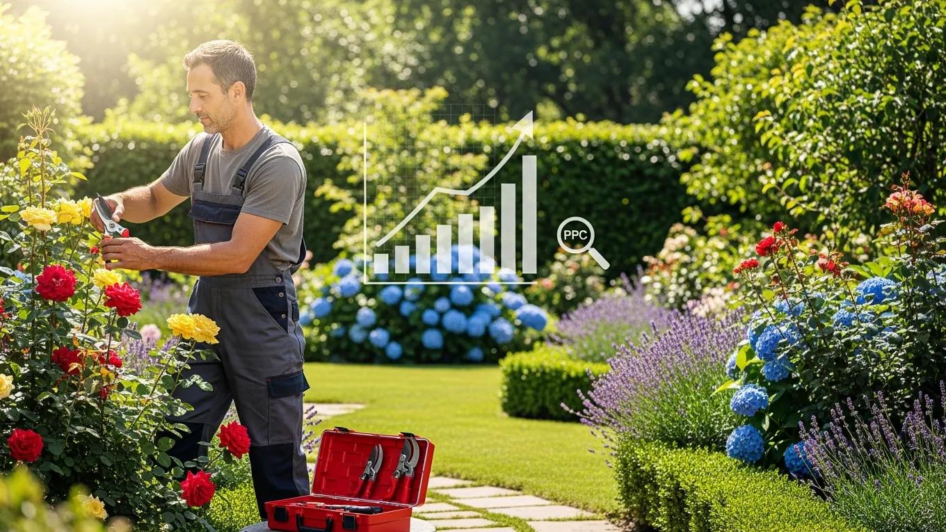 Landscaper working in a vibrant garden, representing PPC techniques for landscaping business growth
