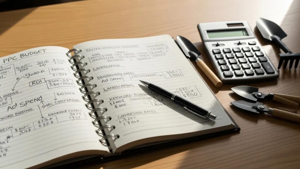 Open budgeting planner with gardening tools, illustrating effective budgeting strategies for landscaping PPC