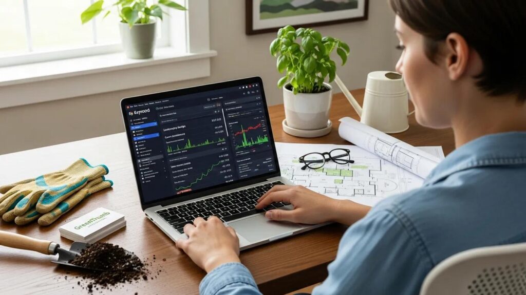 Person analyzing keyword data on a laptop, highlighting targeted keyword research for landscaping PPC